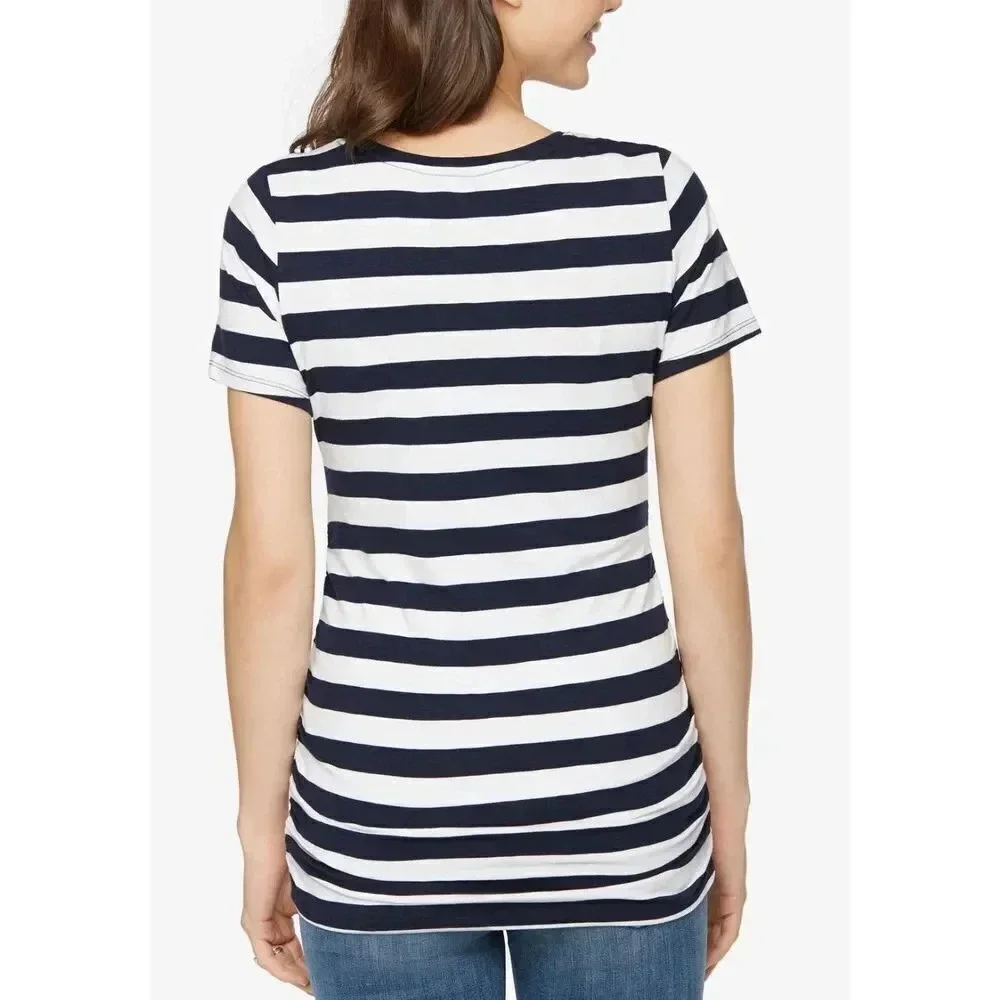 A Pea in the Pod Maternity Striped V-Neck Ruched Sides Tee Sz S White Blue - Picture 2 of 8